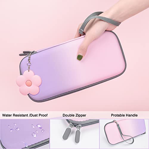DLseego Pink and Purple Switch Case Set Gradient Carrying Case with 10 Slots Cute Protective Dockable Hard Shell with 4PCS Glitter Cat Paw Thumb Grips Caps and 1PC Flower Blossom Chain For Switch 2017 - color: Pink and Purple, size: Switch 1 6.3inch