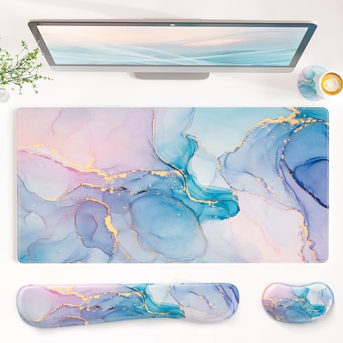 QIYI PU Leather Desk Mat Set, 4-in-1 Ergonomic Wrist Rest, Blue Pink Fluid | Waterproof Large Mouse Pad 31.5×15.7 + Keyboard Wrist Rest + Mouse Wrist Support+Coaster, Non-Slip Office Gaming Accessories - color: Blue Pink Fluid