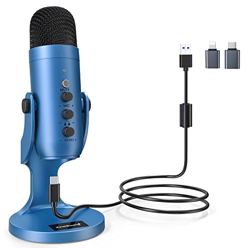 ZealSound Podcast Microphone for PC, Noise Cancellation USB Mic with Gain, Volume Adjustment & Mute Button, Monitoring & Echo, for YouTube, TikTok, Podcasting, Streaming, iPhone, iPad, Android(Blue) - color: Blue
