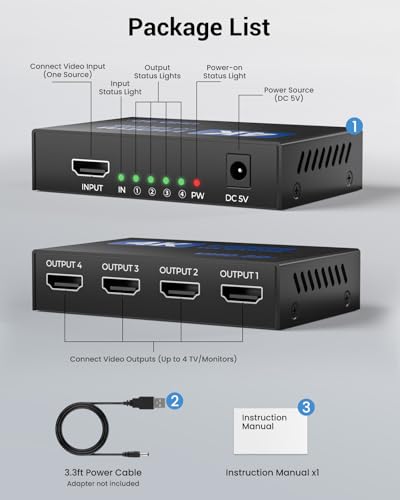 HDMI Splitter 1 in 4 Out 4K 30Hz HDMI-Splitter for 4 Monitors | with USB to DC Power Cable, 4 Way HDMI Distribution, Multi HDMI Adapter for PC/Laptop/HDTV/Projector, Mirror Only, Not Extend - size: 1x4 30Hz