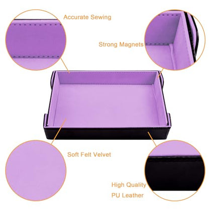 SIQUK Magnetic Folding Dice Tray Rectangle Dice Rolling Tray PU Leather Trays Foldable Holder Rolling Mat Storage Box for D&D RPG Games, Lilac - color: Lilac