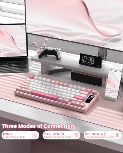 Womier DK75 75% Wireless Gaming Keyboard, RGB Backlit Creamy Keyboard with Media Knob, OLED Screen, Tri-Mode 2.4GHz/USB-C/BT5.0, Anti-Ghosting No-Conflict Silent Membrane Keyboard for MAC Windows - color: Pink