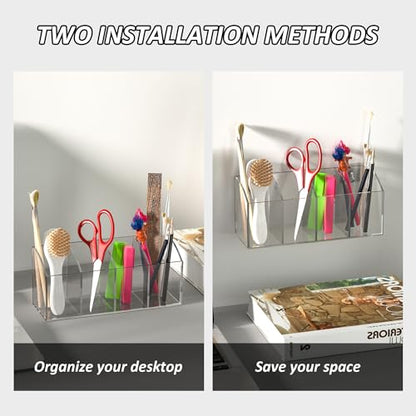 Acrylic Pen Holder Organizer 4 Compartments, Clear Makeup Brush Holder, No Drill Wall Mounting Pencil Holder for Office Accessories - size: 4 Compartments