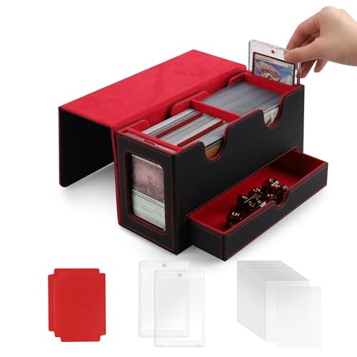 MRAUF MTG Deck Box with Double Commander Display and Dice Tray, Fits 200+ Double Sleeved Cards, Card Storage Box Plus 2 Magnetic Holders& 100Pcs Card Sleeves (Black& Red) - color: Black& Red