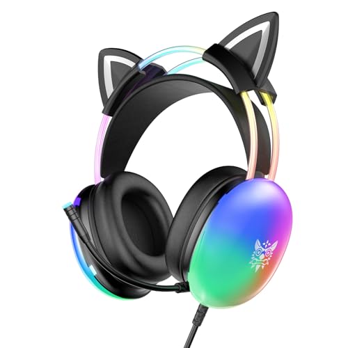 Cat Ear Gaming Headset with Microphone, RGB Rainbow Lighting, Surround Sound, 3.5mm Wired Over-Ear Headphones for PC/PS4/PS5/Switch/Laptop, Lightweight and Adjustable Headband - color: Black Cat Ears