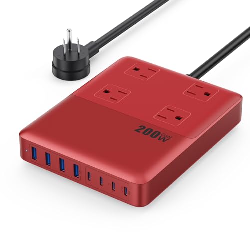 200W Charging Station,12-in-1 USB C Power Strip with Flat Plug and 5ft Extension Cord,4 AC Outlets,4 USB-A,4 USB-C Ports for iPhone 17/16/15,65W PD Fast Laptop Charger for MacBook,Home,Office (Red) - color: Red, size: 200W