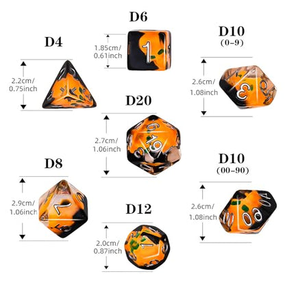 Halloween Pumpkin Theme DND Dice Set, 7 Pieces Polyhedral Resin Dice with Metal Storage Box, Orange and Black