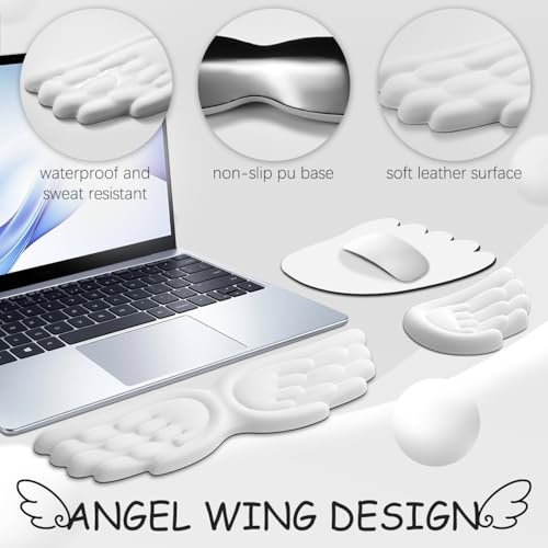 JIKIOU Angel Wing Wrist Rest Ergonomic Memory Foam Wrist Rest for Keyboard | Cute Savior of Wrist Pain, PU Leather Surface, Anti-Slip Base, Waterproof, Compatible with Most Keyboards & Mice, White