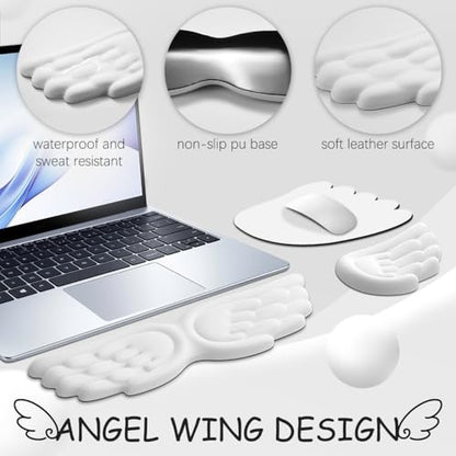 JIKIOU Angel Wing Wrist Rest Ergonomic Memory Foam Wrist Rest for Keyboard | Cute Savior of Wrist Pain, PU Leather Surface, Anti-Slip Base, Waterproof, Compatible with Most Keyboards & Mice, White