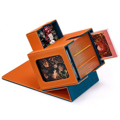 MTG Commander Deck Box with Dual Display Windows and Dice Tray | Fits 100 Double-Sleeved Cards, PU Leather, 2 Magnetic Card Holders, 2 Dividers, Orange & Teal - color: 3. Orange & Teal