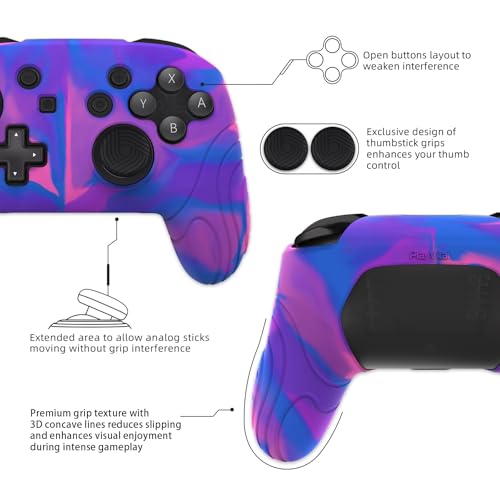PlayVital Samurai Edition Ergonomic Silicone Skin Protective Case for Nintendo Switch Pro, Soft Anti-Slip Controller Grip Protector for Nintendo Switch Pro with Thumb Grips - Pink & Purple & Blue - color: Pink & Purple & Blue