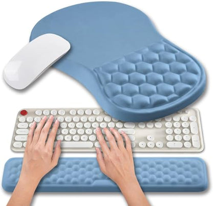 Hokafenle 2 in 1 Ergonomic Mouse Pad Wrist Support & Wrist Rest for Computer Keyboard Set, with Relieve Carpal Tunnel Pain Massage Bulge and Full Memory Gel Design (2In1 Set, Lake Blue) - color: Hk013-lake Blue