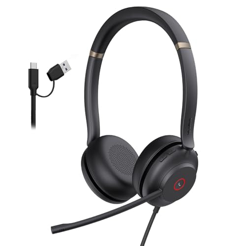 Yealink UH37 USB Headset with Mic,Wired Headset with Noise Cancelling Microphone for Computer PC Laptop VoIP Phone,USB-C/A Cable,Works with Zoom and Other Leading UC Platforms - color: Black,Stereo, style: UC Optimized