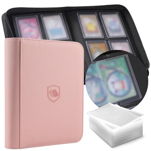 Toploader Binder, Holds 160 Toploaders, 100 Toploaders INCLUDED, 4-Pocket PU Cover Top Loader Binder for 3" x 4" Rigid Toploader, Ringless Double-Sided Toploader Card Binder for TCG, Sport Cards - color: Pink, size: 4 Pocket