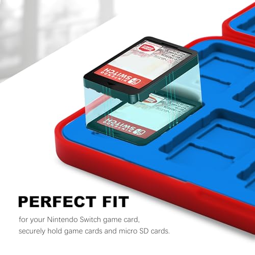 FYY Nintendo Switch Game Case Holder for Switch 2 Cartridge, Red & Blue | 24 Game Card Slots & 48 Micro SD Card Slots, Hard Shell, Silicone Lining - color: B-Red Blue