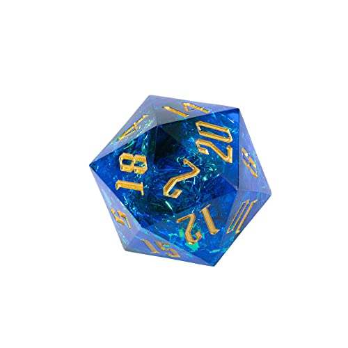 Cusdie Single D20 DND Dice with Sharp Edges and Glitter Foil Inclusions, 20 Sided D&D Dice, 33mm Handcrafted Polyhedral Dice, for Role Playing Game (Sapphire Blue/G) - color: Sapphire Blue