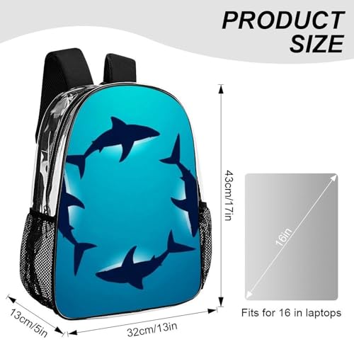 Stadium Approved Clear PVC Backpack Reinforced Straps | Heavy Duty, Large, Floating Shark Ocean Sharks, Stadium Approved Backpack, with Side Mesh Pockets - color: Pattern (330)