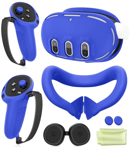 Silicone Cover Set Compatible with Meta Oculus/Quest 3, VR Accessories Protective Cover Includes Controller Grips, Front Shell Headset Cover and Face Cover, Not Fit Quest 3S (Blue) - color: Blue