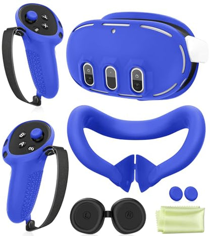 Silicone Cover Set Compatible with Meta Oculus/Quest 3, VR Accessories Protective Cover Includes Controller Grips, Front Shell Headset Cover and Face Cover, Not Fit Quest 3S (Blue) - color: Blue