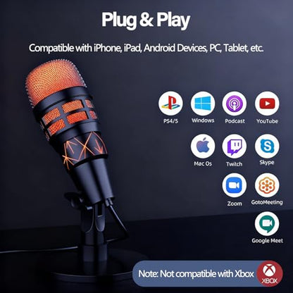 USB Microphone for PC Gaming, Podcasts, Videos, Streaming, Condenser Mic with Quick Mute, Pop Filter, RGB Indicator, Shock Mount, Rotate Gain Button, Compatible with PS4/5/PC