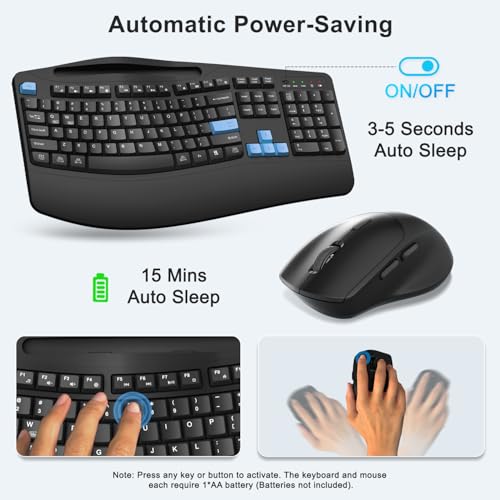 Wireless Keyboard and Mouse Combo, Full Size Ergonomic Wave Keys(Blue) | 2.4G Ergonomic Keyboard with Wrist Rest, Phone Holder, 3-Level DPI Silent Mouse with 6-Buttons, for Windows/Mac OS/Laptop/PC - color: Blue Black