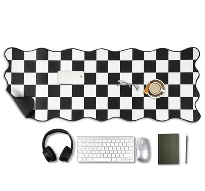 Large Checkered Desk Mat, 31.5" x 15.75" Scalloped Edge Mouse Pad, Non-Slip Rubber Base, Waterproof Desk Pad for Home Office Gaming, Keyboard Pad with Stitched Border (Black)