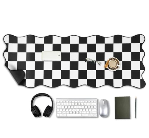 Large Checkered Desk Mat, 31.5" x 15.75" Scalloped Edge Mouse Pad, Non-Slip Rubber Base, Waterproof Desk Pad for Home Office Gaming, Keyboard Pad with Stitched Border (Black)