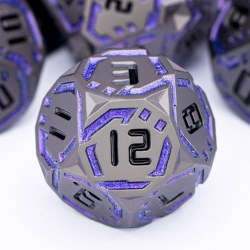 Metal DND Sci-fi Dice Set 7PCS Stripe Polyhedral Dice for Dungeons Dragons RPG Role Playing Game, Glitter D and D Dice with Gift Box D6 D8 D10 D12 D20 (Black Purple) ﻿ - color: Black - Purple