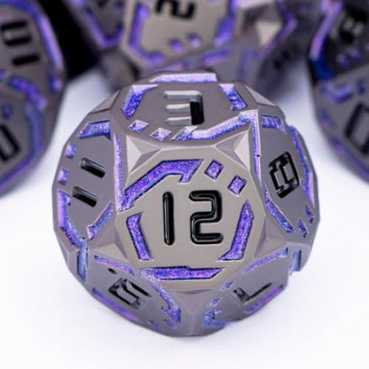Metal DND Sci-fi Dice Set 7PCS Stripe Polyhedral Dice for Dungeons Dragons RPG Role Playing Game, Glitter D and D Dice with Gift Box D6 D8 D10 D12 D20 (Black Purple) ﻿ - color: Black - Purple