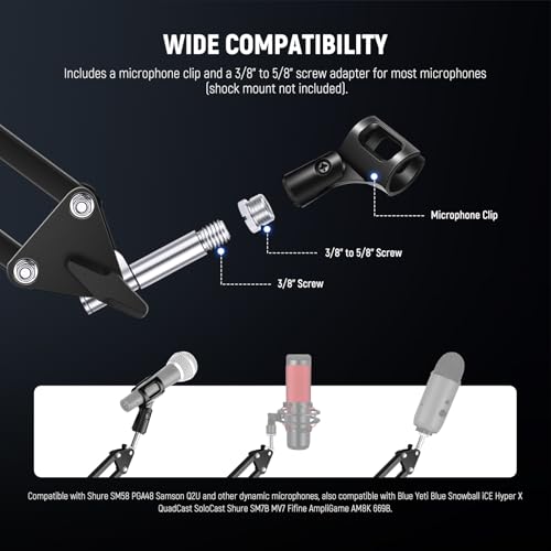 NEEWER Microphone Arm Stand, Suspension Scissor Boom Mic Arm Desk Mount with Clip & 3/8" to 5/8" Adapter Compatible with Blue Yeti Snowball HyperX QuadCast SoloCast Shure, Max Load 3.3 lbs, MS006 | Clip, 3/8" to 5/8" Adapter, Compatible with Blue Yeti Sno