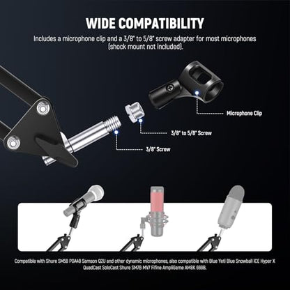NEEWER Microphone Arm Stand, Suspension Scissor Boom Mic Arm Desk Mount with Clip & 3/8" to 5/8" Adapter Compatible with Blue Yeti Snowball HyperX QuadCast SoloCast Shure, Max Load 3.3 lbs, MS006 | Clip, 3/8" to 5/8" Adapter, Compatible with Blue Yeti Sno