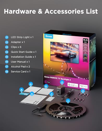 Govee TV LED Backlight 2, 18.4ft Cuttable TV Lights for 32-86 Inch TVs | RGBWIC LED Strips Lights for Monitors, Support 210+ Scene Modes & Music Sync，Smart APP and Voice Control, Easy Intall - size: 18.4FT for 32''-86'' TV