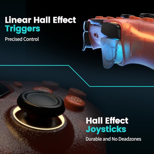 citnh Wireless Controller for PS-5/Pro/Slim/PC, with Transparent Shell/RGB Tape Light/Hall Effect Joyticks and Trigger/Macro/Turbo/3.5mm Audio Jack/Speaker and Mic/1500 mAh Large Battery Gamepad (Orange)