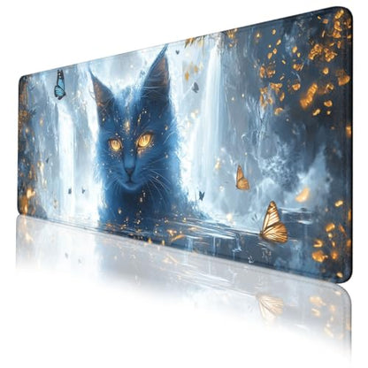 Blue Cat Gaming Mouse Pad Nature White Marble Gold Butterfly Large Gaming Mouse Mat with Stitched Edges,Non-Slip Waterproof Rubber Base Mous Mat 31.5"x11.8" - color: Blue Cat, size: 31.5L x 31.5W inches