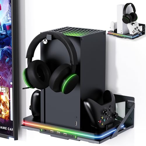 Wall Mount with Cooling Charging Stand for Xbox Series X/S, Luckit Vertical Dual Controller Charger Station Compatible Xbox Series X/S Console Accessories with Cooling Fan, 3 USB Ports&2 Headset Stand - size: Wall Mount + Cooling Charging Stand