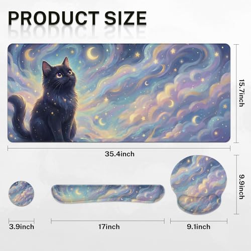 Britimes Starry Clouds Keyboard Mouse Pad Set Whimsical Cat 4in1 Large Mousepad+Keyboard Wrist Rest+Mouse Wrist Rest+Coaster Ergonomic Design for Home Office Computer 35.4x15.7 inches - color: Starry Clouds and Cat