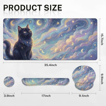 Britimes Starry Clouds Keyboard Mouse Pad Set Whimsical Cat 4in1 Large Mousepad+Keyboard Wrist Rest+Mouse Wrist Rest+Coaster Ergonomic Design for Home Office Computer 35.4x15.7 inches - color: Starry Clouds and Cat