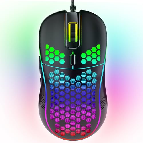 Wired Gaming Mouse, 7200 DPI High Precision Optical Sensor, Lightweight Honeycomb Design, Ergonomic RGB Gaming Mouse with On/Off Switch, 6 Programmable Buttons for PC Mac Laptop Gamers - color: black