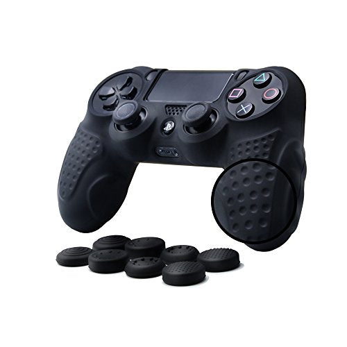 PS4 Controller DualShock4 Skin Grip Anti-Slip Silicone Cover Protector Case for Sony PS4/PS4 Slim/PS4 Pro Controller with 8 Thumb Grips (Black) - color: Black