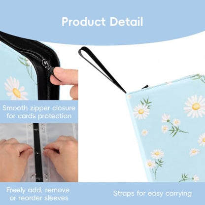 Cute Trading Card Binder for Girls for 480 Pockets, Small Cards Holder Case with Zipper for Cards Sticker Photocard Collection, 4 Pocket Blue Flower - color: Blue