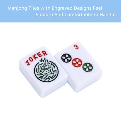 TIASUSAN American Mahjong Set(Light Blue), 166 Engraved Tiles, Bag and Mahjong Accessories, 4 Racks with Pushers, Mahjong Tile Set for Beginners - color: Light Blue