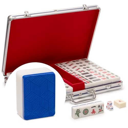 Yellow Mountain Imports Chinese Mahjong Set, “Azure Fortune” with 146 Large Tiles, Aluminum Case, Wind Indicator and Dice - No Numbers or Letters - for Chinese Style Gameplay Only - color: Blue