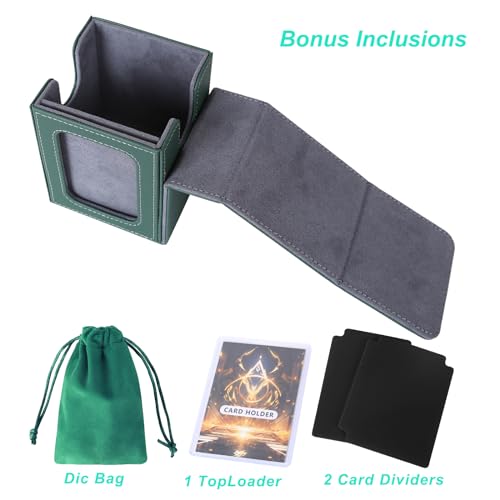 AFIING MTG Deck Box for Commander Display,Card Deck Box Fits 100 Double Sleeved Cards, Magic Commander TCG Card Storage case with 2 Dividers,Dice Bag and 1 Toploader(Green/Grey) - color: Commander Green Grey