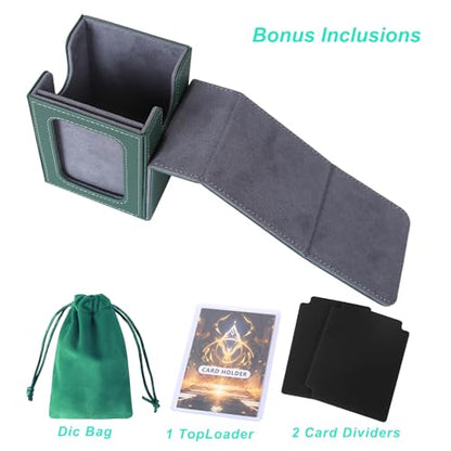 AFIING MTG Deck Box for Commander Display,Card Deck Box Fits 100 Double Sleeved Cards, Magic Commander TCG Card Storage case with 2 Dividers,Dice Bag and 1 Toploader(Green/Grey) - color: Commander Green Grey