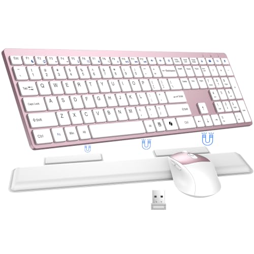 Wireless Keyboard and Mouse Combo, Full Size Silent Ultra Thin Keyboard with Magnetic Wrist Rest, Optical Mouse, 2.4G Lag-Free Cordless Mice Keyboard Set for Computer, Mac, Laptop, PC, Windows - color: Rose Gold