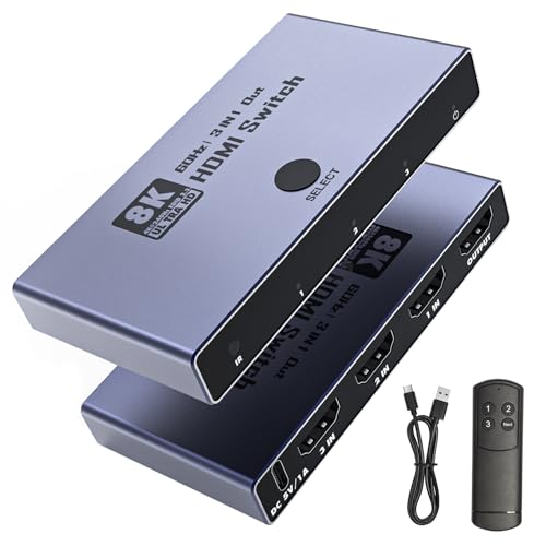 HDMI 2.1 Switch 3 in 1 Out, 8K@60Hz 4K@240Hz/120Hz 48Gbps HDMI Switcher | 3-Port HDMI Selector with Remote & Detection-Switching, VRR HDR10+ Dolby Vision/Atmos CEC HDCP2.3, Aluminum Alloy