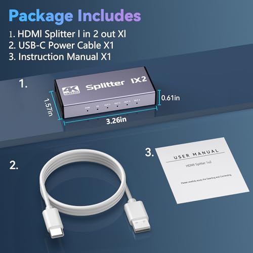 HDMI Splitter 1 in 2 Out, 4K@30Hz HDMI Splitter 1x2 Support 3D 1080P Full HD Compatible with PS5/4/3 Xbox Nintendo Roku HDTV Fire Stick Blu-ray Silver (Only Mirrors Screens) - color: 1x2 4K@30Hz