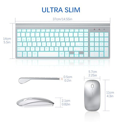 Wireless Backlit Keyboard and Mouse Ultra Slim Combo, TopMate 2.4G Silent Compact 2400DPI Mouse and Scissor Switch Keyboard Set, Batteries Included, for PC/Laptop/Windows/Mac/Gaming - BL Silver White - color: BL Silver White