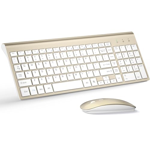Wireless Keyboard and Mouse Ultra Slim Combo, TopMate 2.4G Silent Compact USB 2400DPI Mouse and Scissor Switch Keyboard Set with Cover, Batteries Included, for PC/Laptop/Windows/Mac - Gold White - color: Gold White