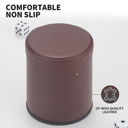 5 Pack PU Leather Dice Cups Velvet Felt-Lined Shaker Cups with 25 Dot Dice for Bar Party Yahtzee Farkle Dice Games, Brown - color: Brown